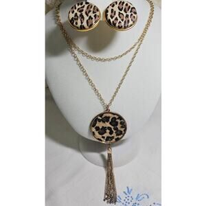 Gold Tone Leopard Print Jewelry Set, Boho Western Chic Necklace & Earring Set